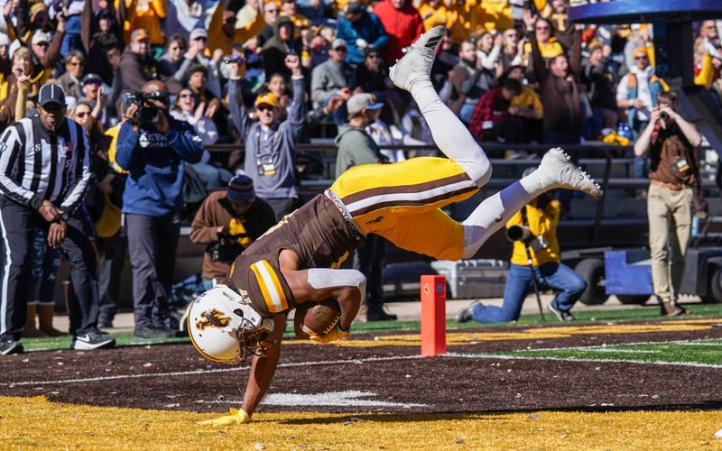 Oct 26, 2019; Laramie, WY, USA; Wyoming Cowboys wide receiver Raghib Ismail Jr (17) scores a touchdown during the second quarter against the Nevada Wolf Pack War Memorial Stadium. Mandatory Credit: Troy Babbitt-USA TODAY Sports