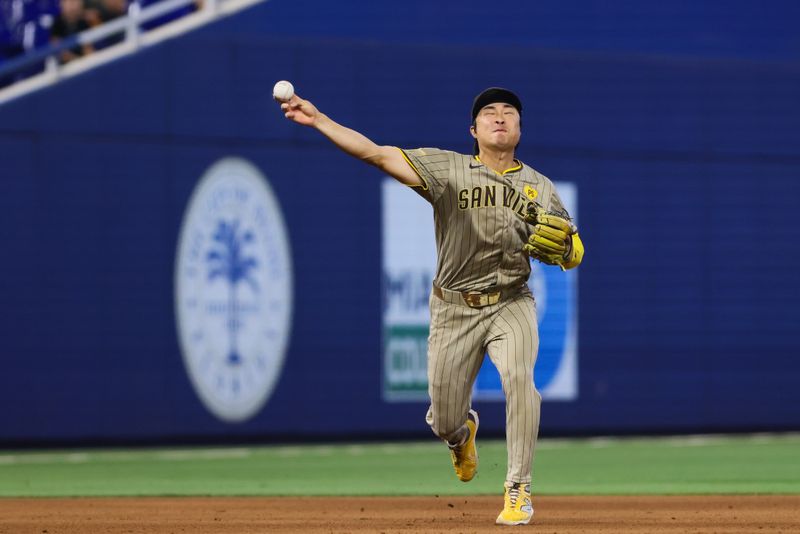 Aug 11, 2024; Miami, Florida, USA; San Diego Padres shortstop Ha-Seong Kim (7) throws to first base to retire Miami Marlins first baseman Jonah Bride (not pictured) during the seventh inning at loanDepot Park. Mandatory Credit: Sam Navarro-USA TODAY Sports