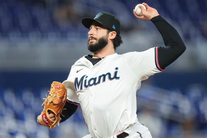 May 2, 2024; Miami, Florida, USA;  Miami Marlins pitcher Andrew Nardi (43) pitches against the Colorado Rockies in the seventh inning at loanDepot Park. Mandatory Credit: Jim Rassol-USA TODAY Sports