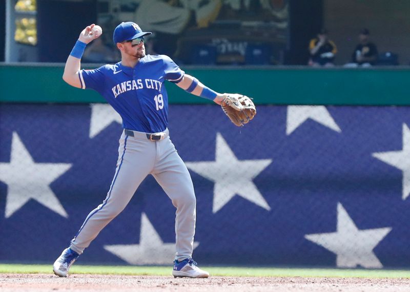 Sep 14, 2024; Pittsburgh, Pennsylvania, USA; Kansas City Royals second baseman Michael Massey (19) warms up before the third inning against the Pittsburgh Pirates at PNC Park. Mandatory Credit: Charles LeClaire-Imagn Images