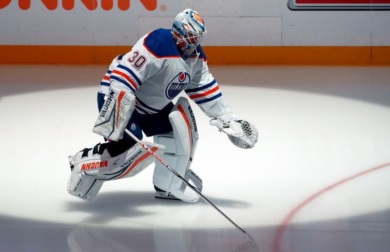 Mar 10, 2024; Pittsburgh, Pennsylvania, USA;  Edmonton Oilers goaltender Calvin Pickard (30) takes the ice to warm up against the Pittsburgh Penguins at PPG Paints Arena. Mandatory Credit: Charles LeClaire-USA TODAY Sports