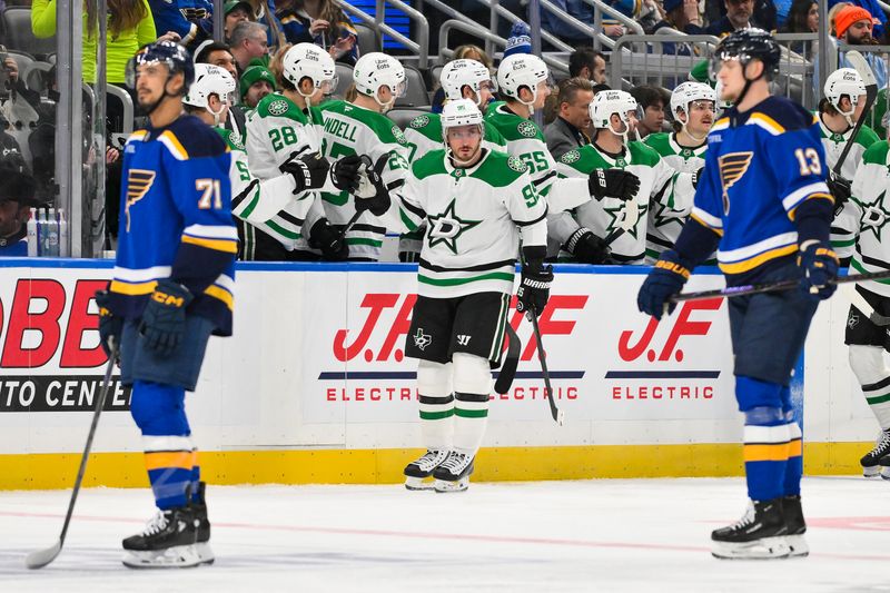 Jan 27, 2026; St. Louis, Missouri, USA; Dallas Stars center Matt Duchene (95) is congratulated by teammates after scoring against the St. Louis Blues during the second period at Enterprise Center. Mandatory Credit: Jeff Curry-Imagn Images