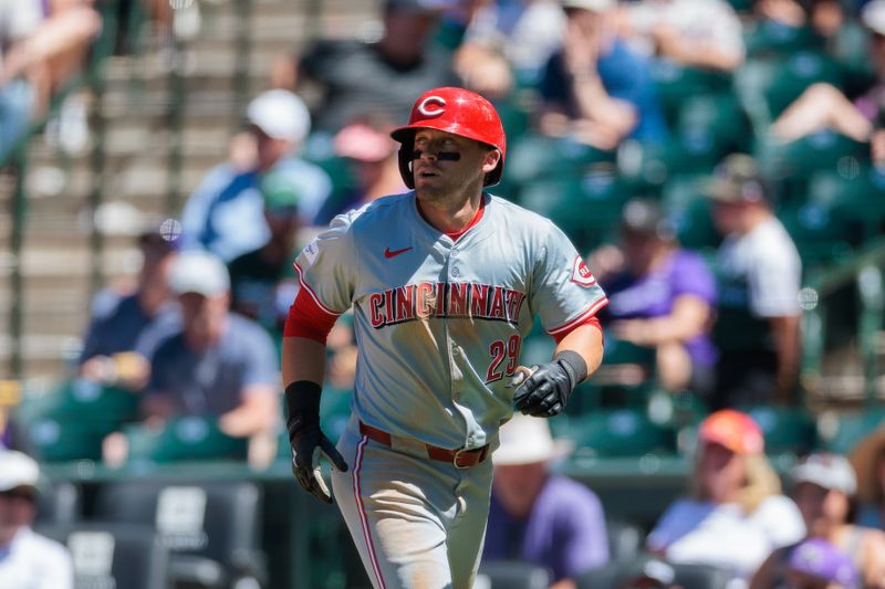 Jun 5, 2024; Denver, Colorado, USA; Cincinnati Reds outfielder TJ Friedl (29) run off the field after a home run during the fifth inning against the Colorado Rockies at Coors Field. Mandatory Credit: Andrew Wevers-USA TODAY Sports