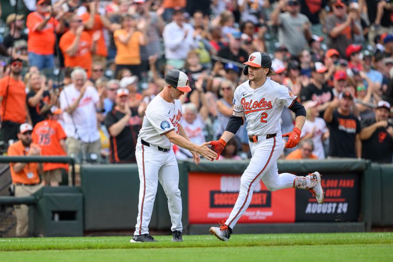 Aug 18, 2024; Baltimore, Maryland, USA; Baltimore Orioles shortstop Gunnar Henderson (2) celebrates with Baltimore Orioles third base coach Tony Mansolino (36) after hitting a home run during the sixth inning against the Boston Red Sox at Oriole Park at Camden Yards. Mandatory Credit: Reggie Hildred-USA TODAY Sports