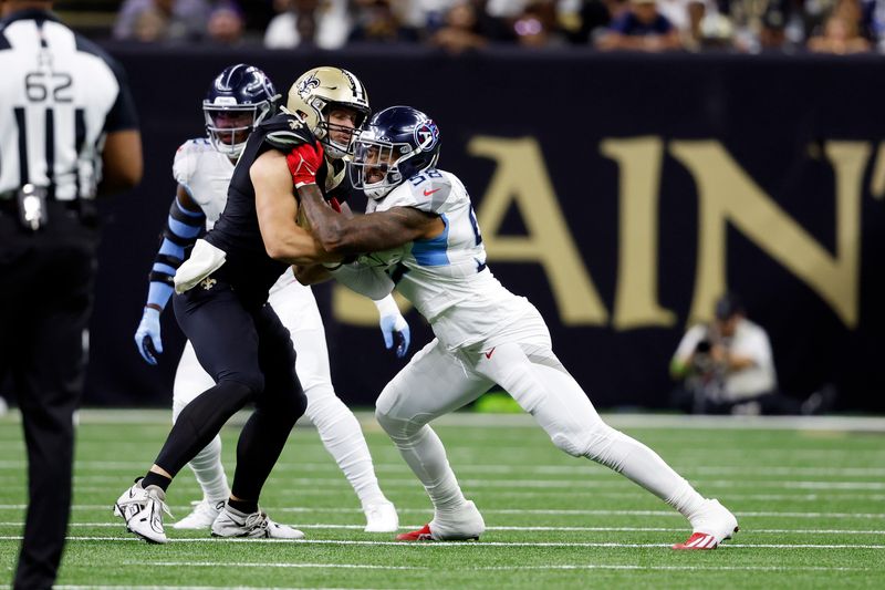 Tennessee Titans linebacker Harold Landry III (58) during an NFL football game against the New Orleans Saints, Sunday, Sep. 10, 2023, in New Orleans. (AP Photo/Tyler Kaufman)