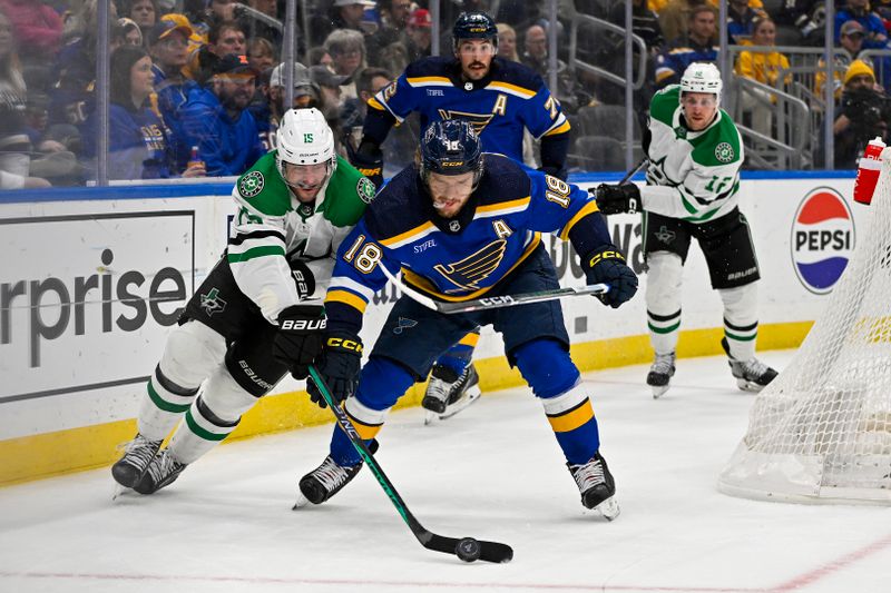 Dec 27, 2023; St. Louis, Missouri, USA;  Dallas Stars center Craig Smith (15) and St. Louis Blues center Robert Thomas (18) battle for the puck during the first period at Enterprise Center. Mandatory Credit: Jeff Curry-USA TODAY Sports