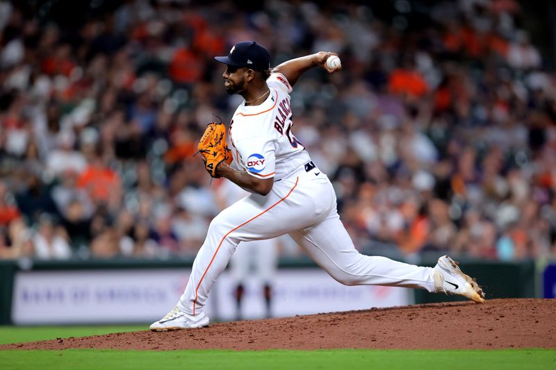 May 2, 2023; Houston, Texas, USA; Houston Astros relief pitcher Ronel Blanco (56) delivers a pitch against the San Francisco Giants during the ninth inning at Minute Maid Park. Mandatory Credit: Erik Williams-USA TODAY Sports