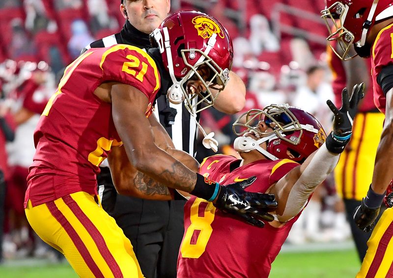 Dec 6, 2020; Los Angeles, California, USA;  USC Trojans wide receiver Amon-Ra St. Brown (8) celebrates with wide receiver Tyler Vaughns (21) after scoring a touch down in the first quarter of the game Washington State Cougars at United Airlines Field at the Los Angeles Memorial Coliseum. Mandatory Credit: Jayne Kamin-Oncea-USA TODAY Sports