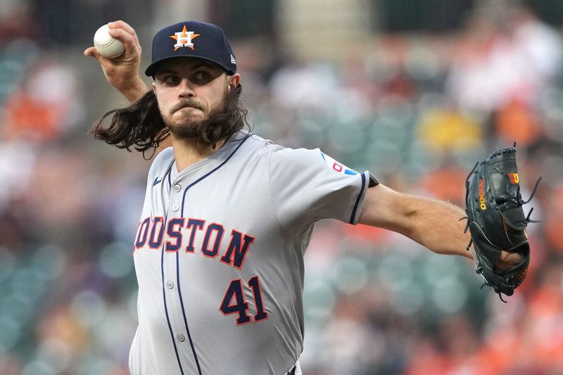 Aug 22, 2024; Baltimore, Maryland, USA; Houston Astros pitcher Spencer Arrighetti (41) throws a pitch during the first inning against the Baltimore Orioles at Oriole Park at Camden Yards. Mandatory Credit: Mitch Stringer-USA TODAY Sports