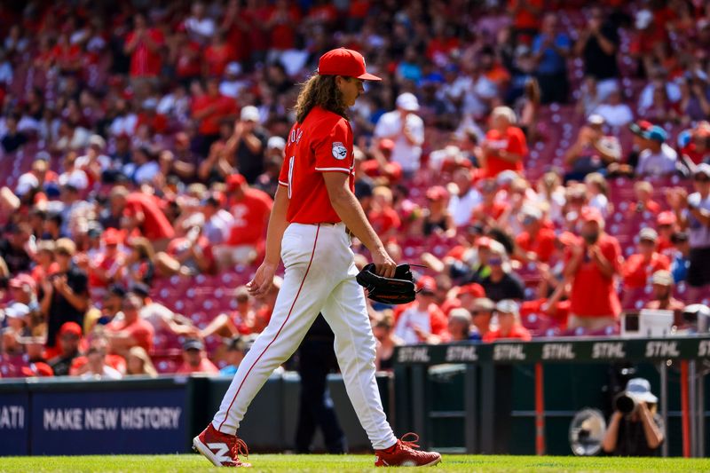 Sep 5, 2024; Cincinnati, Ohio, USA; Cincinnati Reds starting pitcher Rhett Lowder (81) walks off the field during a pitching change in the seventh inning against the Houston Astros at Great American Ball Park. Mandatory Credit: Katie Stratman-Imagn Images
