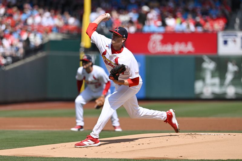 Apr 7, 2024; St. Louis, Missouri, USA; St. Louis Cardinals pitcher Kyle Gibson (44) pitches against the Miami Marlins during the first inning at Busch Stadium. Mandatory Credit: Jeff Le-USA TODAY Sports