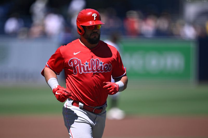 Sep 6, 2023; San Diego, California, USA; Philadelphia Phillies designated hitter Kyle Schwarber (12) rounds the bases after hitting a home run against the San Diego Padres during the first inning at Petco Park. Mandatory Credit: Orlando Ramirez-USA TODAY Sports