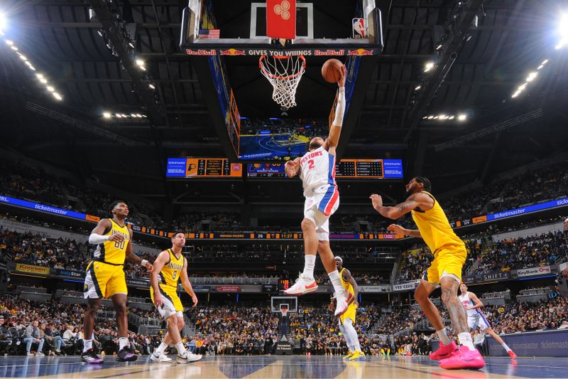 INDIANAPOLIS, IN - NOVEMBER 29:  Cade Cunningham #2 of the Detroit Pistons drives to the basket during the game against the Indiana Pacers during the Emirates NBA Cup game on November 29, 2024 at Gainbridge Fieldhouse in Indianapolis, Indiana. NOTE TO USER: User expressly acknowledges and agrees that, by downloading and or using this Photograph, user is consenting to the terms and conditions of the Getty Images License Agreement. Mandatory Copyright Notice: Copyright 2024 NBAE (Photo by Ron Hoskins/NBAE via Getty Images)