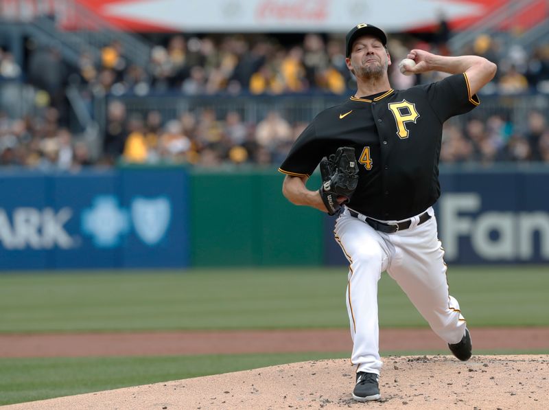 Apr 7, 2023; Pittsburgh, Pennsylvania, USA;  Pittsburgh Pirates starting pitcher Rich Hill (44) pitches against the Chicago White Sox during the second inning at PNC Park. Mandatory Credit: Charles LeClaire-USA TODAY Sports