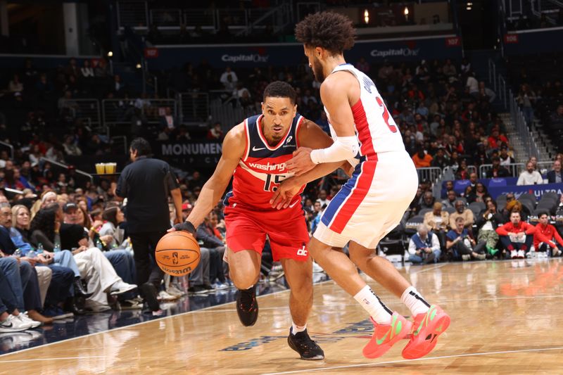 WASHINGTON, DC -? NOVEMBER 17:  Malcolm Brogdon #15 of the Washington Wizards dribbles the ball during the game against the Detroit Pistonson November 17, 2024 at Capital One Arena in Washington, DC. NOTE TO USER: User expressly acknowledges and agrees that, by downloading and or using this Photograph, user is consenting to the terms and conditions of the Getty Images License Agreement. Mandatory Copyright Notice: Copyright 2024 NBAE (Photo by Kenny Giarla/NBAE via Getty Images)