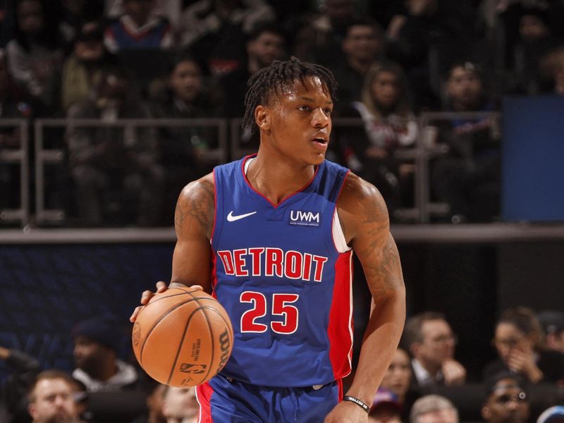 DETROIT, MI - JANUARY 24: Marcus Sasser #25 of the Detroit Pistons dribbles the ball during the game against the Charlotte Hornets on January 24, 2024 at Little Caesars Arena in Detroit, Michigan. NOTE TO USER: User expressly acknowledges and agrees that, by downloading and/or using this photograph, User is consenting to the terms and conditions of the Getty Images License Agreement. Mandatory Copyright Notice: Copyright 2024 NBAE (Photo by Brian Sevald/NBAE via Getty Images)