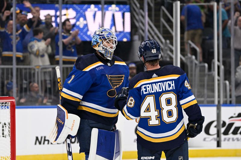 Sep 23, 2023; St. Louis, Missouri, USA; St. Louis Blues goaltender Vadim Zherenko (1) reacts with defenseman Scott Perunovich (48) after defeating the Arizona Coyotes in a hockey game at Enterprise Center. Mandatory Credit: Jeff Le-USA TODAY Sports