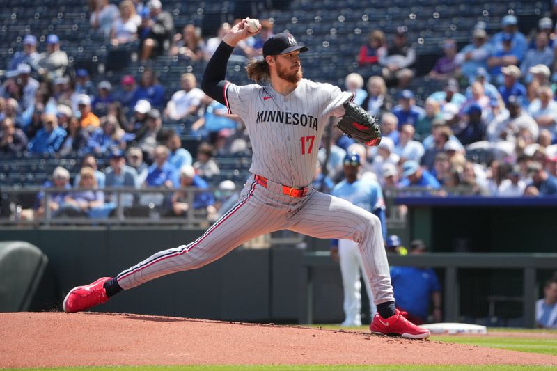 Apr 10, 2025; Kansas City, Missouri, USA; Minnesota Twins starting pitcher Bailey Ober (17) delivers a pitch against the Kansas City Royals in the first inning at Kauffman Stadium. Mandatory Credit: Denny Medley-Imagn Images