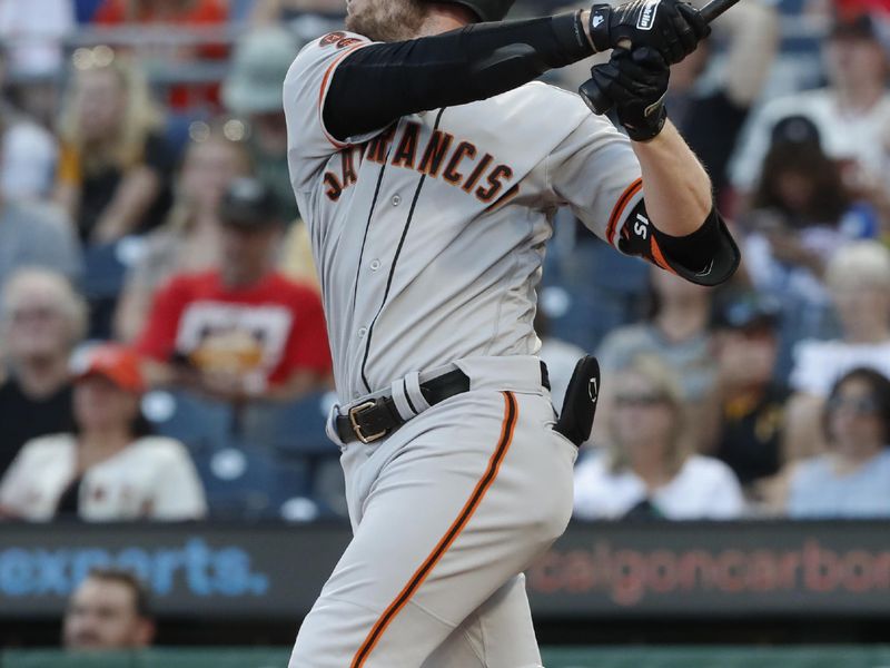 Jul 14, 2023; Pittsburgh, Pennsylvania, USA; San Francisco Giants left fielder Austin Slater (13) hits a double against the Pittsburgh Pirates dfifth inning at PNC Park. Mandatory Credit: Charles LeClaire-USA TODAY Sports