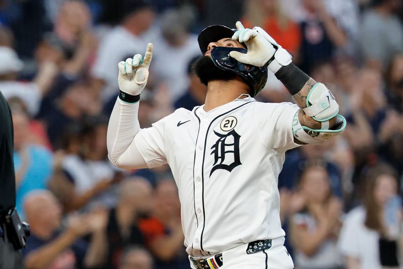 Sep 16, 2025; Detroit, Michigan, USA;  Detroit Tigers second base Gleyber Torres (25) celebrates after he hits a home run in the third inning against the Cleveland Guardians at Comerica Park. Mandatory Credit: Rick Osentoski-Imagn Images