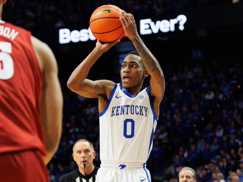 Feb 24, 2024; Lexington, Kentucky, USA; Kentucky Wildcats guard Rob Dillingham (0) shoots during the second half against the Alabama Crimson Tide at Rupp Arena at Central Bank Center. Mandatory Credit: Jordan Prather-USA TODAY Sports