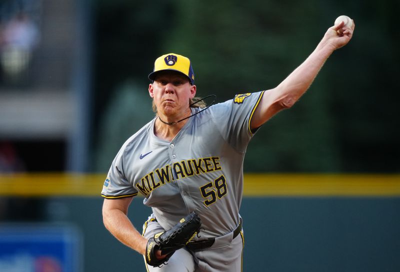 Jul 1, 2024; Denver, Colorado, USA; Milwaukee Brewers starting pitcher Rob Zastryzny (58) delivers a pitch the first inning against the Colorado Rockies at Coors Field. Mandatory Credit: Ron Chenoy-USA TODAY Sports