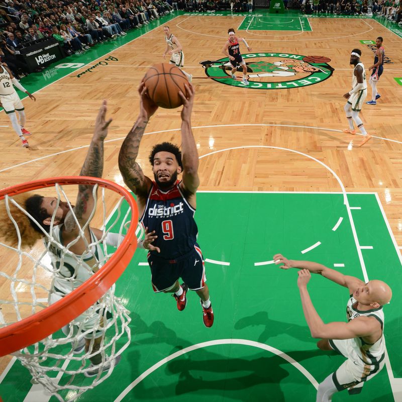 BOSTON, MA - APRIL 14: Justin Champagnie #9 of the Washington Wizards drives to the basket during the game  against the Boston Celtics on April 14, 2024 at the TD Garden in Boston, Massachusetts. NOTE TO USER: User expressly acknowledges and agrees that, by downloading and or using this photograph, User is consenting to the terms and conditions of the Getty Images License Agreement. Mandatory Copyright Notice: Copyright 2024 NBAE  (Photo by Brian Babineau/NBAE via Getty Images)