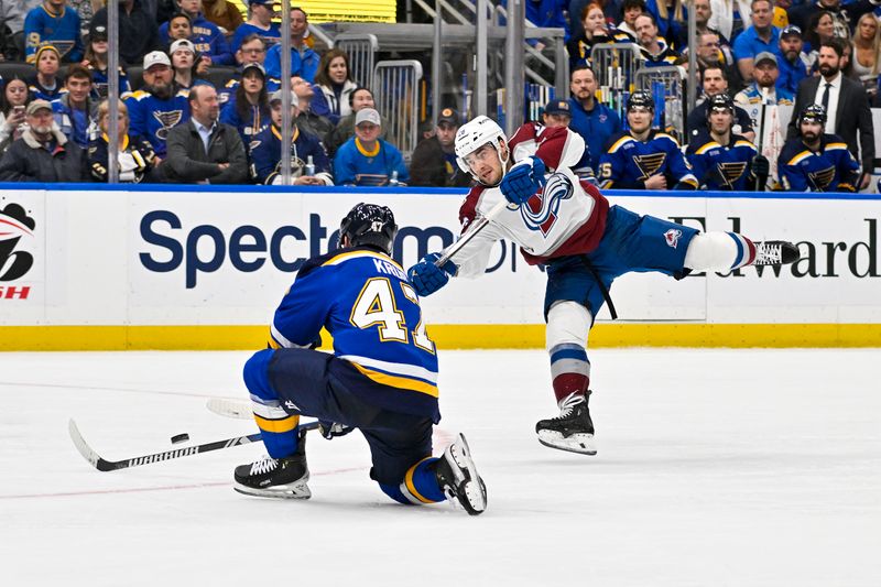 Mar 19, 2024; St. Louis, Missouri, USA;  Colorado Avalanche defenseman Sean Walker (26) shoots as St. Louis Blues defenseman Torey Krug (47) defends during the third period at Enterprise Center. Mandatory Credit: Jeff Curry-USA TODAY Sports