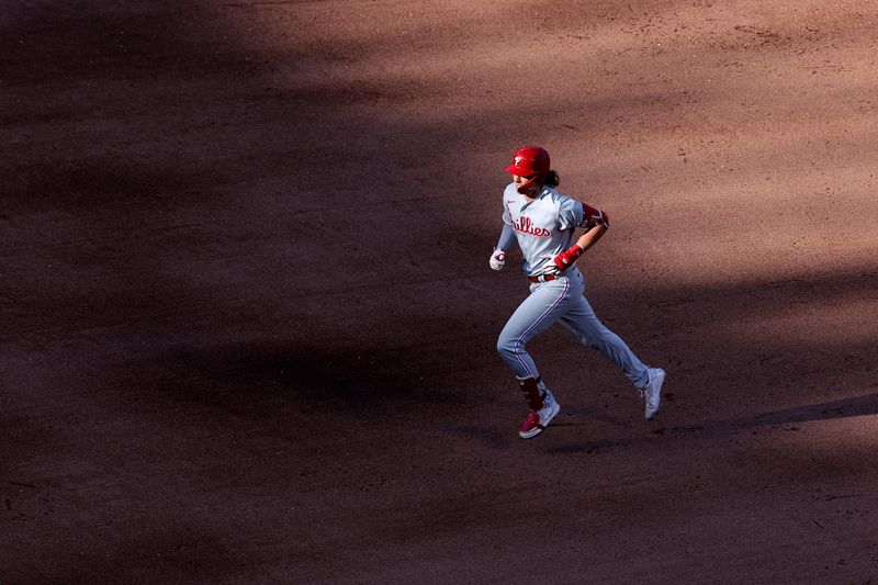 Oct 1, 2023; New York City, New York, USA; Philadelphia Phillies third baseman Alec Bohm (28) rounds the bases after hitting a solo home run against the New York Mets during the sixth inning at Citi Field. Mandatory Credit: Brad Penner-USA TODAY Sports