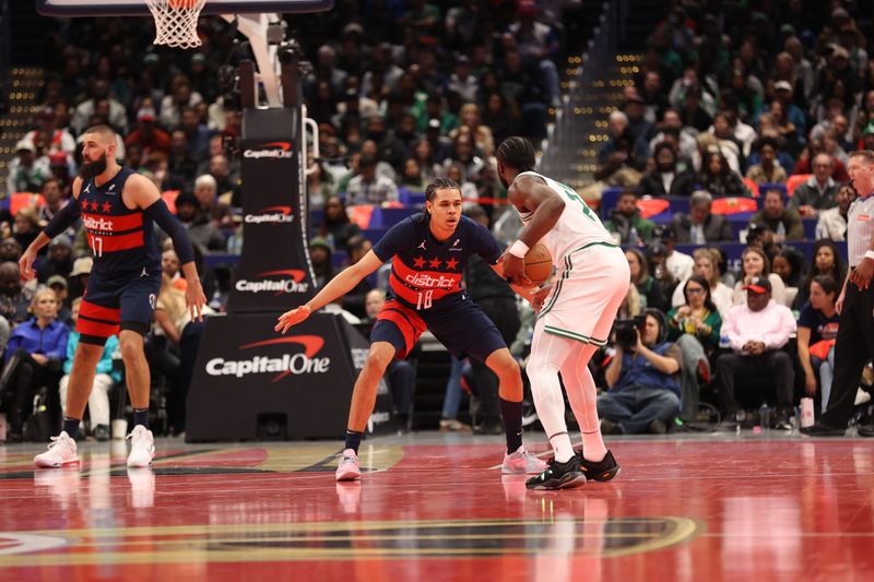 WASHINGTON, DC -? NOVEMBER 22:  Johnny Davis #1 of the Washington Wizards8 plays defense during the game against the Boston Celtics during the NBA Emirates Cup game on November 22, 2024 at Capital One Arena in Washington, DC. NOTE TO USER: User expressly acknowledges and agrees that, by downloading and or using this Photograph, user is consenting to the terms and conditions of the Getty Images License Agreement. Mandatory Copyright Notice: Copyright 2024 NBAE (Photo by Kenny Giarla/NBAE via Getty Images)