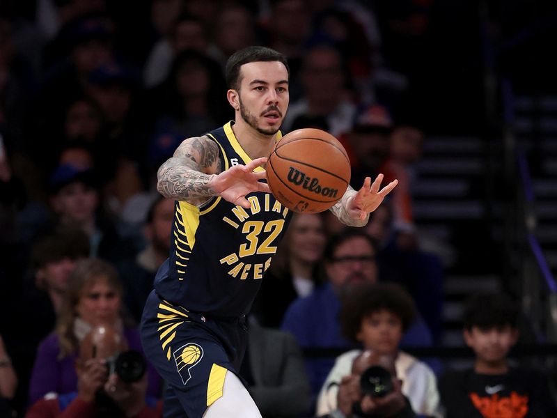 NEW YORK, NEW YORK - APRIL 09:  Gabe York #32 of the Indiana Pacers passes the ball in the second half against the New York Knicks at Madison Square Garden on April 09, 2023 in New York City. NOTE TO USER: User expressly acknowledges and agrees that, by downloading and or using this photograph, User is consenting to the terms and conditions of the Getty Images License Agreement. (Photo by Elsa/Getty Images)