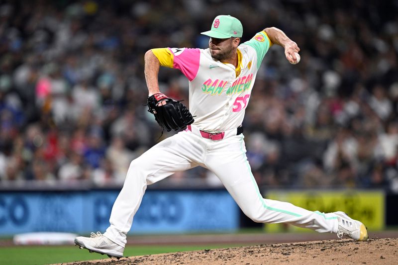 Apr 19, 2024; San Diego, California, USA; San Diego Padres relief pitcher Tom Cosgrove (59) throws a pitch against the Toronto Blue Jays during the fifth inning at Petco Park. Mandatory Credit: Orlando Ramirez-USA TODAY Sports 