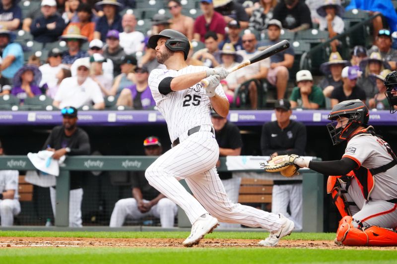 Jul 21, 2024; Denver, Colorado, USA; Colorado Rockies catcher Jacob Stallings (25) singles in the fifth inning against the San Francisco Giants at Coors Field. Mandatory Credit: Ron Chenoy-USA TODAY Sports