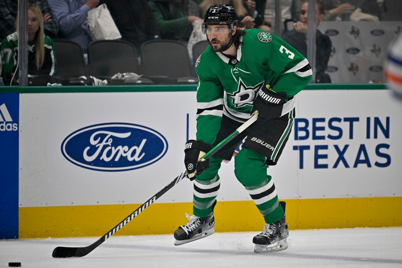 May 23, 2024; Dallas, Texas, USA; Dallas Stars defenseman Chris Tanev (3) skates against the Edmonton Oilers during the second period in game one of the Western Conference Final of the 2024 Stanley Cup Playoffs at American Airlines Center. Mandatory Credit: Jerome Miron-USA TODAY Sports