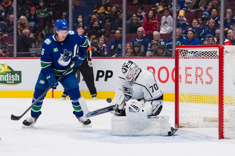 Apr 2, 2023; Vancouver, British Columbia, CAN; Vancouver Canucks forward Brock Boeser (6) watches as Los Angeles Kings goalie Joonas Korpisalo (70) makes a save in the third period at Rogers Arena. Kings won 4-1. Mandatory Credit: Bob Frid-USA TODAY Sports