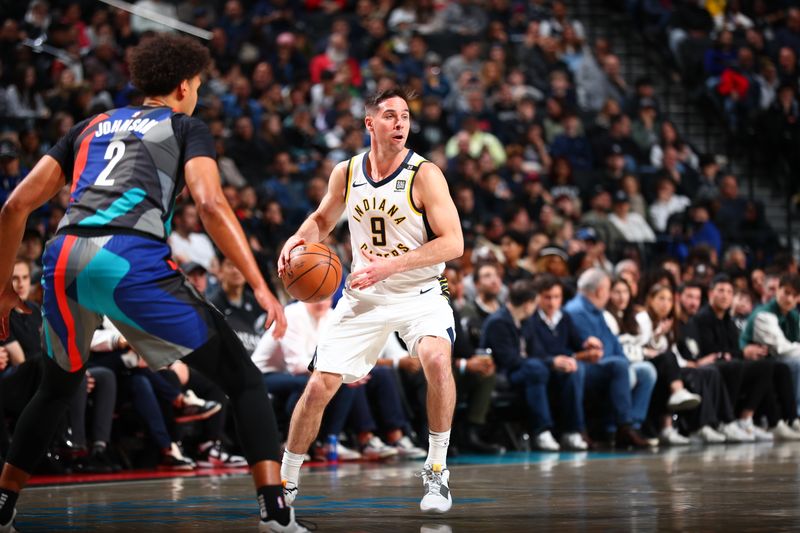 BROOKLYN, NY - APRIL 3: T.J. McConnell #9 of the Indiana Pacers dribbles the ball during the game against the Brooklyn Nets on April 3, 2024 at Barclays Center in Brooklyn, New York. NOTE TO USER: User expressly acknowledges and agrees that, by downloading and or using this Photograph, user is consenting to the terms and conditions of the Getty Images License Agreement. Mandatory Copyright Notice: Copyright 2024 NBAE (Photo by David L. Nemec/NBAE via Getty Images)