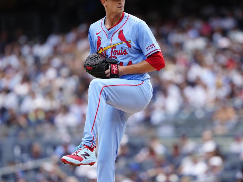 Aug 31, 2024; Bronx, New York, USA; St. Louis Cardinals pitcher Kyle Gibson (44) delivers a pitch against the New York Yankees during the first inning at Yankee Stadium. Mandatory Credit: Gregory Fisher-USA TODAY Sports