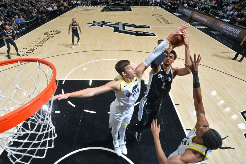 SAN ANTONIO, TX - NOVEMBER 9: Victor Wembanyama #1 of the San Antonio Spurs shoots the ball during the game against the Utah Jazz on November 9, 2024 at the Frost Bank Center in San Antonio, Texas. NOTE TO USER: User expressly acknowledges and agrees that, by downloading and or using this photograph, user is consenting to the terms and conditions of the Getty Images License Agreement. Mandatory Copyright Notice: Copyright 2024 NBAE (Photos by Michael Gonzales/NBAE via Getty Images)