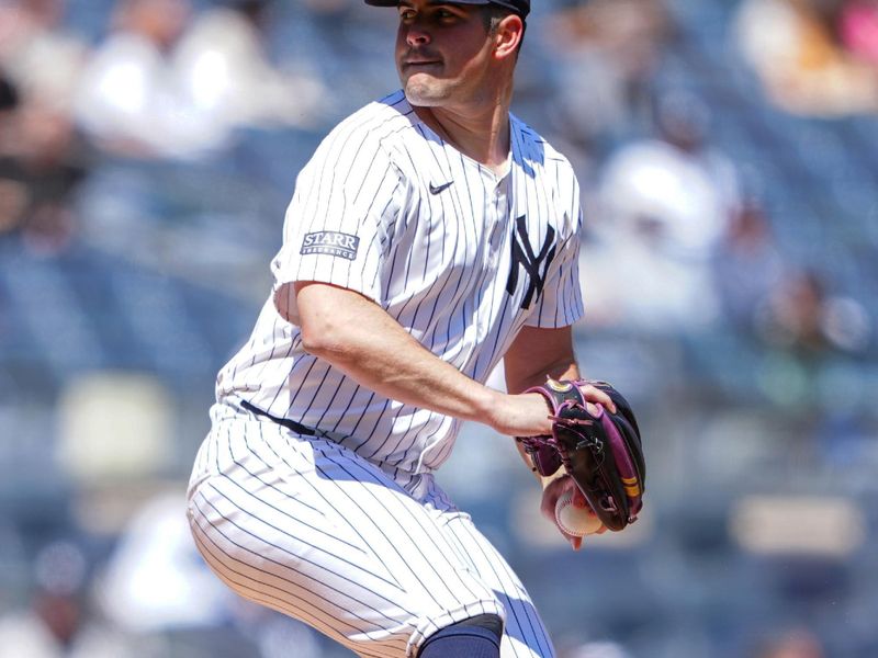 Apr 22, 2024; Bronx, New York, USA;New York Yankees pitcher Carlos Rodon (55) delivers against the Oakland Athletics during the first inning at Yankee Stadium. Mandatory Credit: Gregory Fisher-USA TODAY Sports