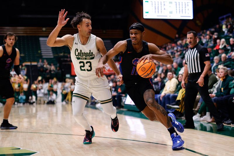 Feb 15, 2023; Fort Collins, Colorado, USA; Boise State Broncos guard Chibuzo Agbo (11) controls the ball against Colorado State Rams guard Isaiah Rivera (23) in the first half at Moby Arena. Mandatory Credit: Isaiah J. Downing-USA TODAY Sports