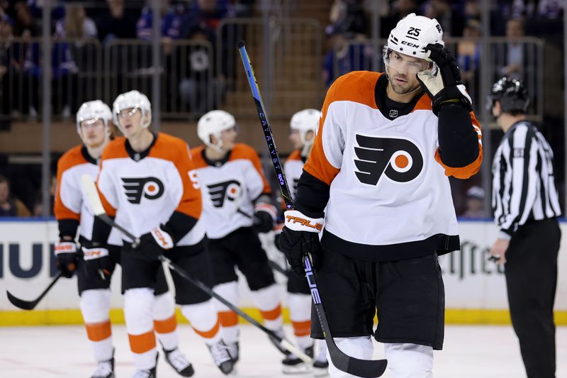 Mar 26, 2024; New York, New York, USA; Philadelphia Flyers center Ryan Poehling (25) reacts after scoring against the New York Rangers during the second period at Madison Square Garden. Mandatory Credit: Brad Penner-USA TODAY Sports