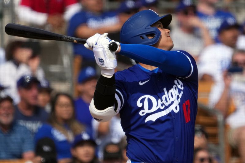 Feb 27, 2024; Phoenix, Arizona, USA; Los Angeles Dodgers designated hitter Shohei Ohtani (17) hits a two run home run during the fifth inning against the Chicago White Sox at Camelback Ranch-Glendale. Mandatory Credit: Joe Camporeale-USA TODAY Sports