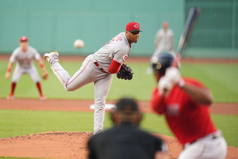 Jun 1, 2023; Boston, Massachusetts, USA; Cincinnati Reds starting pitcher Hunter Greene (21) throws a pitch against the Boston Red Sox in the first inning at Fenway Park. Mandatory Credit: David Butler II-USA TODAY Sports