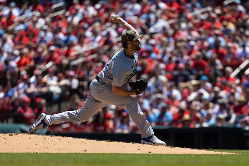 May 21, 2023; St. Louis, Missouri, USA;  Los Angeles Dodgers Clayton Kershaw (22) pitches against the St. Louis Cardinals during the first inning at Busch Stadium. Mandatory Credit: Zach Dalin-USA TODAY Sports