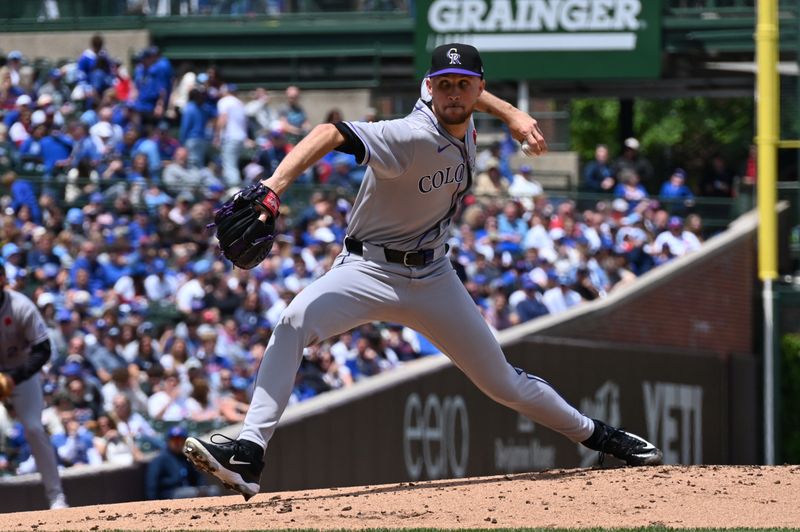 May 26, 2025; Chicago, Illinois, USA; Colorado Rockies starting pitcher Carson Palmquist (45) pitches during the first inning against the Chicago Cubs at Wrigley Field. Mandatory Credit: Patrick Gorski-Imagn Images