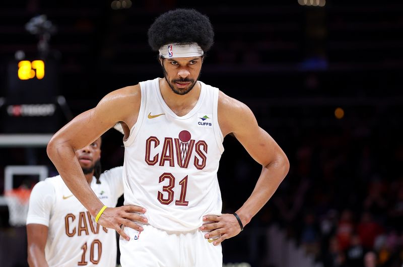 ATLANTA, GEORGIA - MARCH 06:  Jarrett Allen #31 of the Cleveland Cavaliers reacts in the final seconds of their 112-101 loss to the Atlanta Hawks at State Farm Arena on March 06, 2024 in Atlanta, Georgia.  NOTE TO USER: User expressly acknowledges and agrees that, by downloading and/or using this photograph, user is consenting to the terms and conditions of the Getty Images License Agreement.  (Photo by Kevin C. Cox/Getty Images)