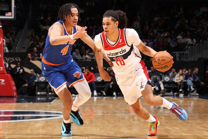 WASHINGTON, DC -? OCTOBER 18: Kyshawn George #18 of the Washington Wizards handles the ball during the game against the New York Knicks on October 18, 2024 at Capital One Arena in Washington, DC. NOTE TO USER: User expressly acknowledges and agrees that, by downloading and or using this Photograph, user is consenting to the terms and conditions of the Getty Images License Agreement. Mandatory Copyright Notice: Copyright 2024 NBAE (Photo by Stephen Gosling/NBAE via Getty Images)