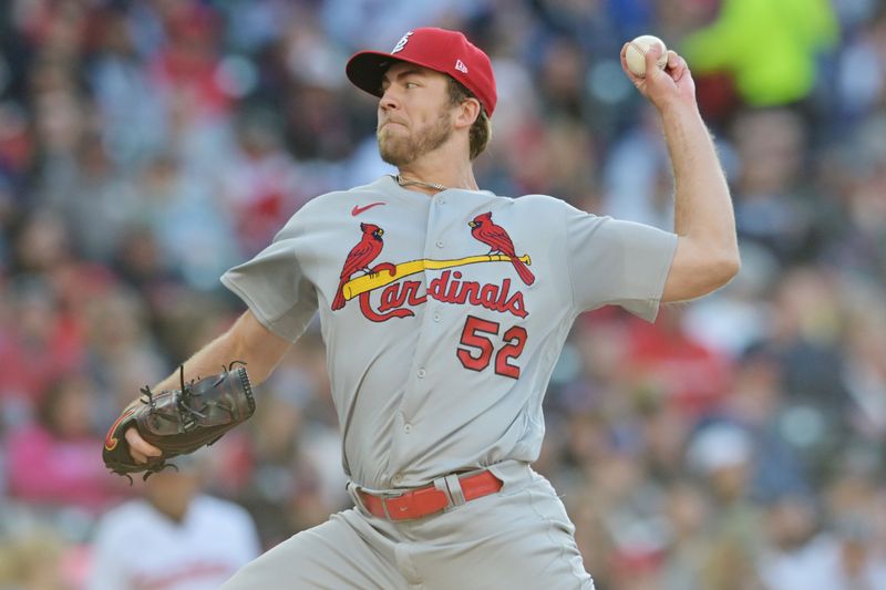 May 26, 2023; Cleveland, Ohio, USA; St. Louis Cardinals starting pitcher Matthew Liberatore (52) throws a pitch during the first inning against the Cleveland Guardians at Progressive Field. Mandatory Credit: Ken Blaze-USA TODAY Sports