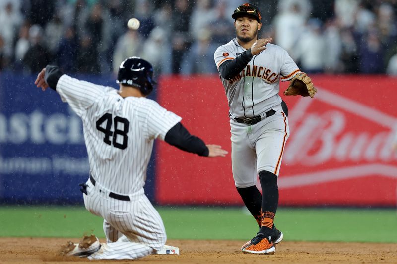 Apr 1, 2023; Bronx, New York, USA; San Francisco Giants second baseman Thairo Estrada (39) forces out New York Yankees first baseman Anthony Rizzo (48) at second then throws to first to complete the game ending double play on a ball hit by Yankees right fielder Giancarlo Stanton (27) during the ninth inning at Yankee Stadium. Mandatory Credit: Brad Penner-USA TODAY Sports