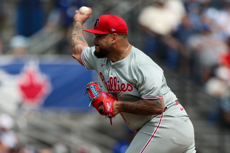 Feb 29, 2024; Dunedin, Florida, USA;  Philadelphia Phillies relief pitcher Max Castillo (68) throws a pitch against the Toronto Blue Jays in the first inning at TD Ballpark. Mandatory Credit: Nathan Ray Seebeck-USA TODAY Sports